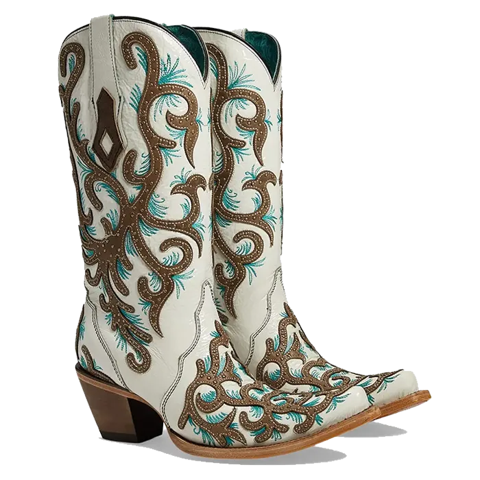 Corral Ladies White Overlay Turquoise Embroidery Snip Toe Boots C3981 Cowgirl Boots Mexican