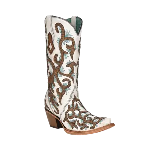 Linktree Strike Boots Corral Ladies White Overlay Turquoise Embroidery Snip Toe Boots C3981