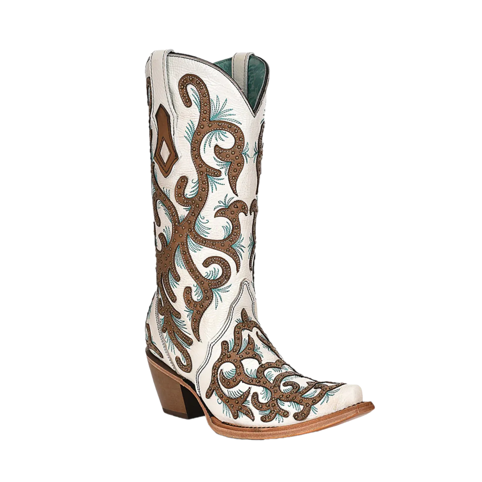 Rain Work Boots Corral Ladies White Overlay Turquoise Embroidery Snip Toe Boots C3981