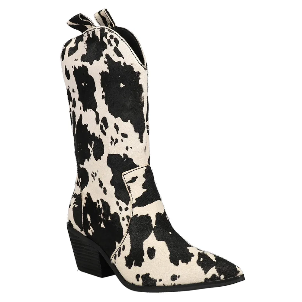 Riding Boots Leather Live A Little Cow Print Pointed Toe Cowboy Boots