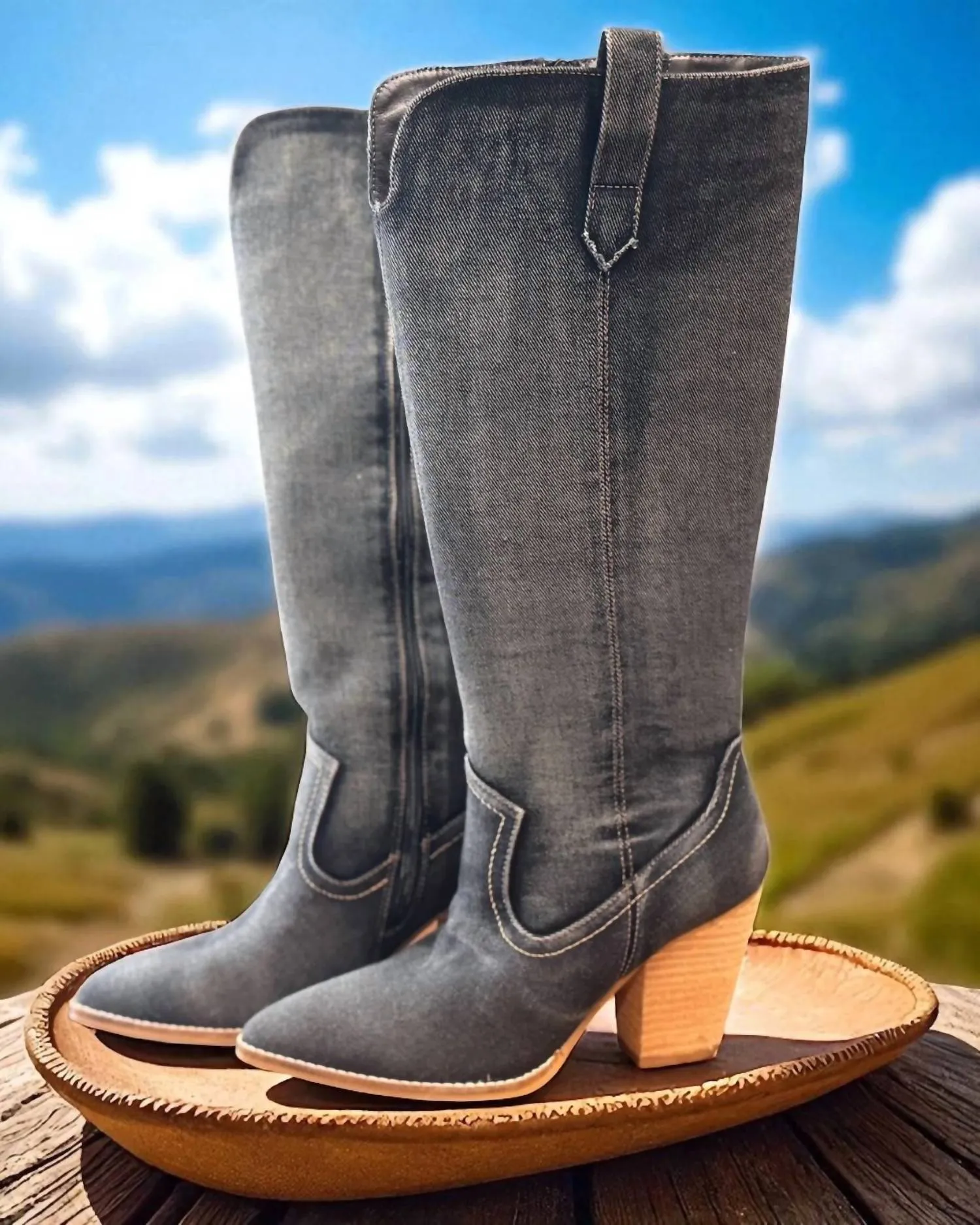 Low Places Knee High Western Boots In Washed Dark Blue Denim Wide Toe Hiking Boots