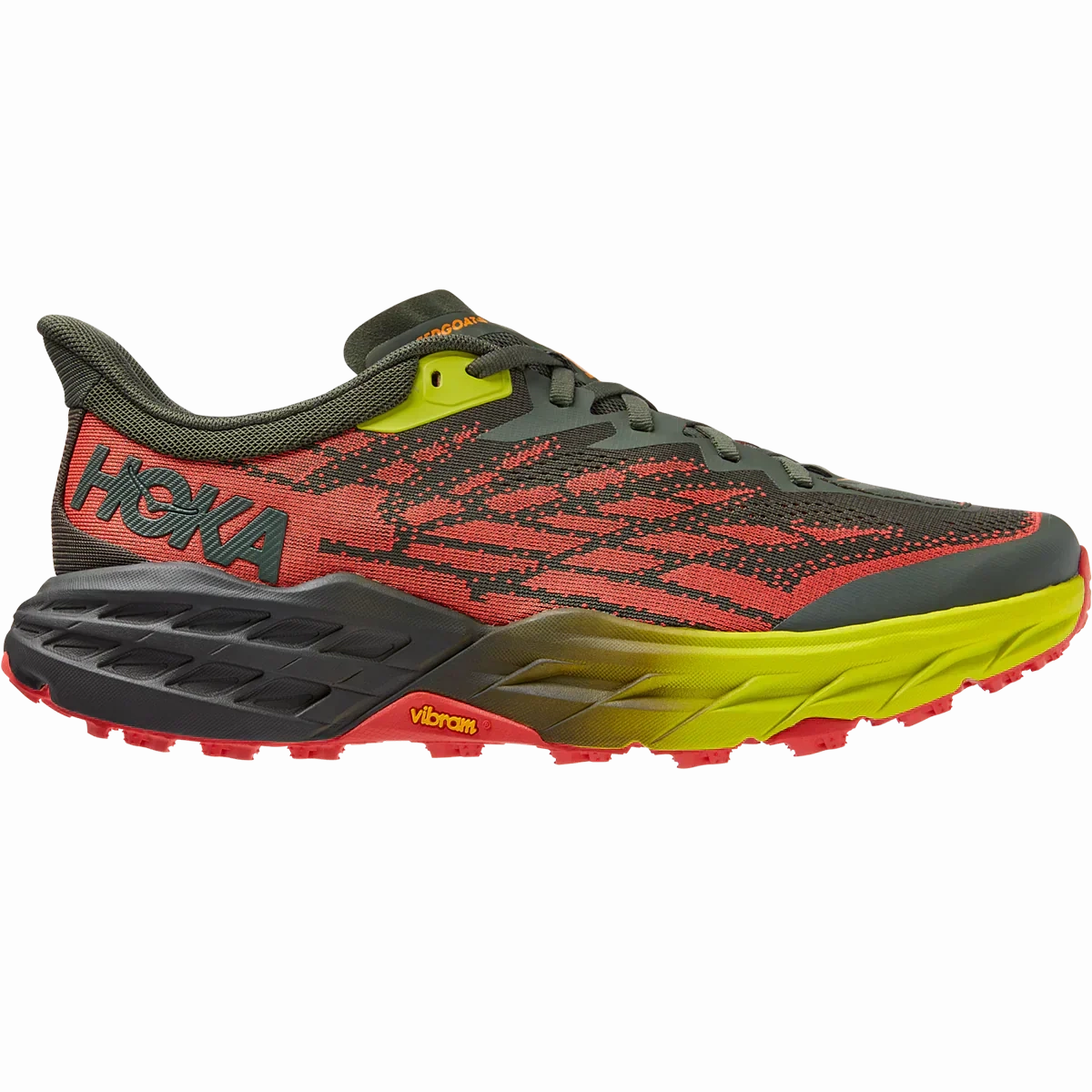 Champaign Il Men's Hoka Speedgoat 5, Thyme/Fiesta, 13 D Medium