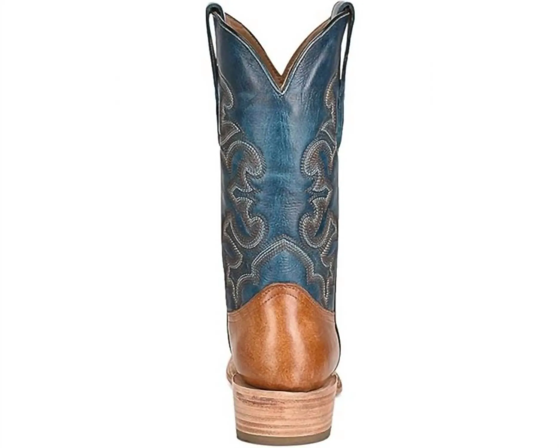 Men's Embroidery Horseman Top In Navy Brown Mid Calf Flat Boots