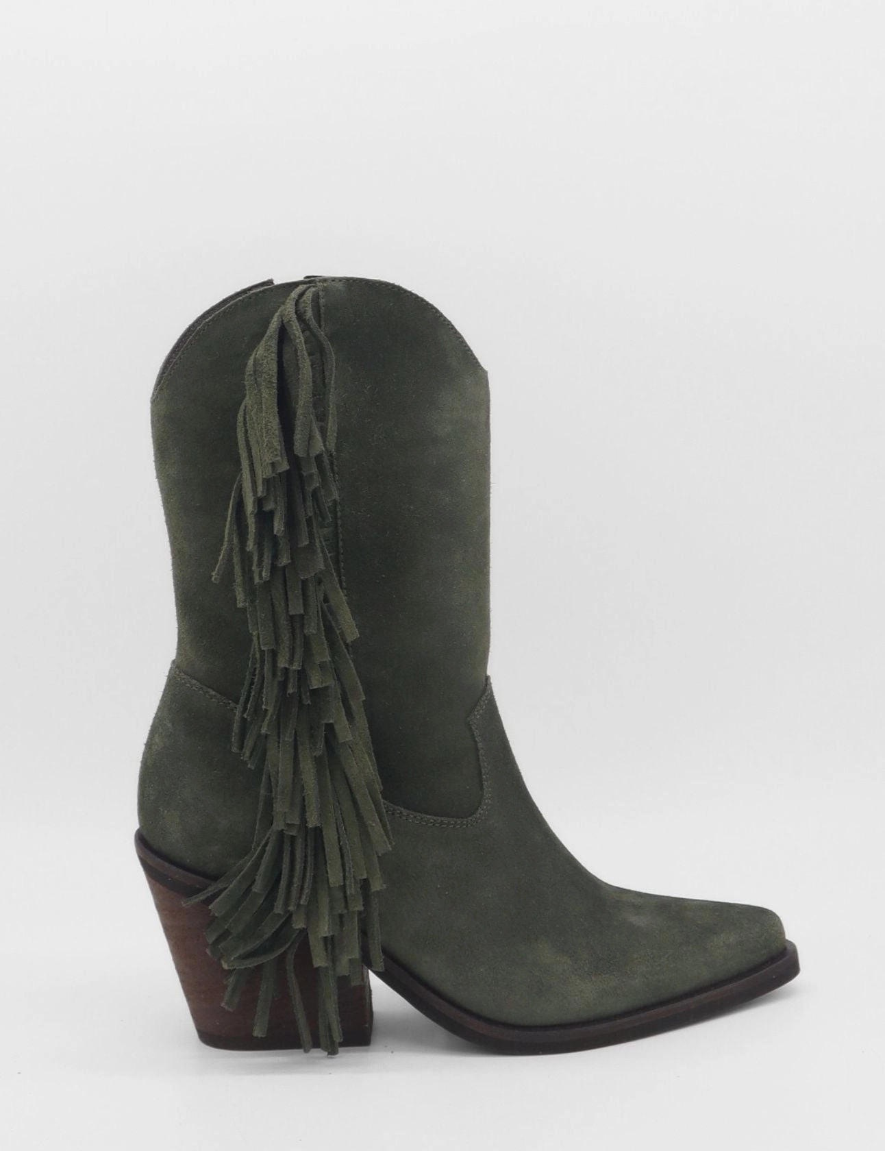 Derby Boots Freedom fringe western cowboy boots in olive suede leather womens shoes