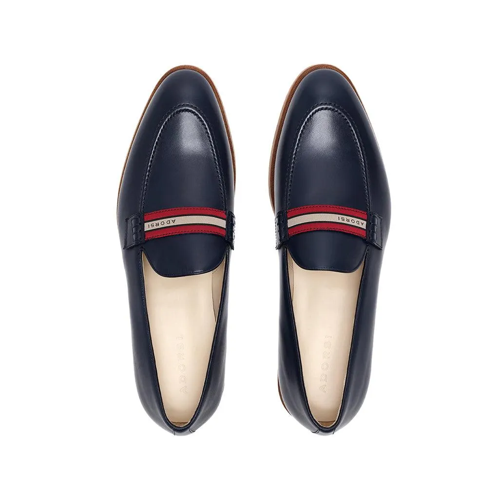 Navy Calf Web Stripe Loafer Business Casual Penny Loafers