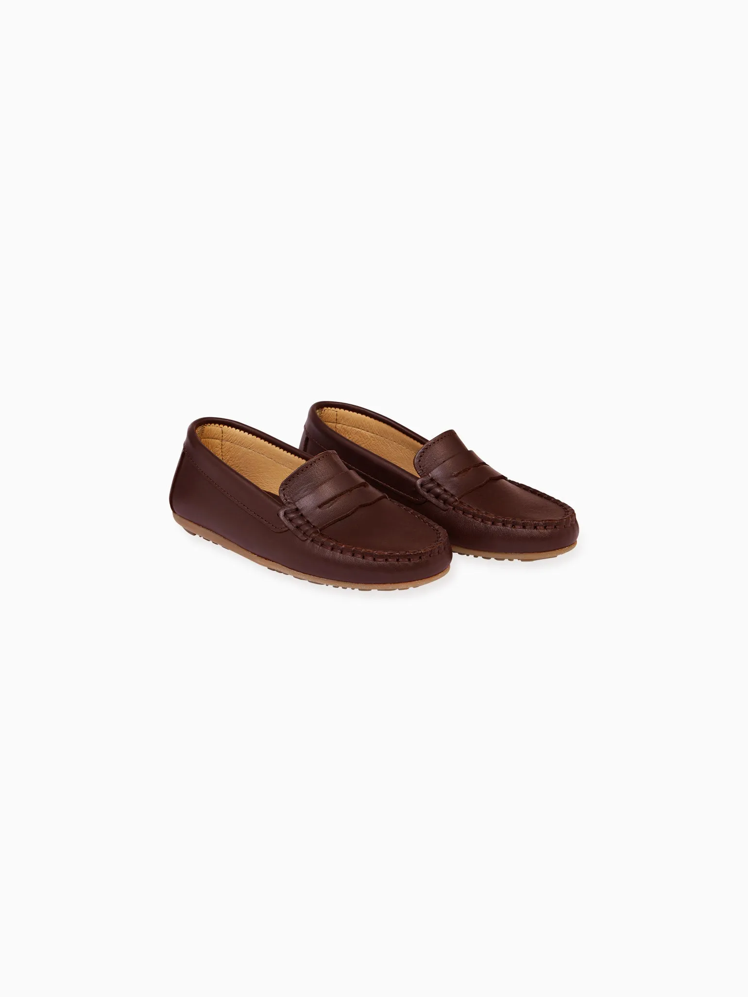 Chocolate Brown Leather Boy Loafer Shoes Pierced Loafers