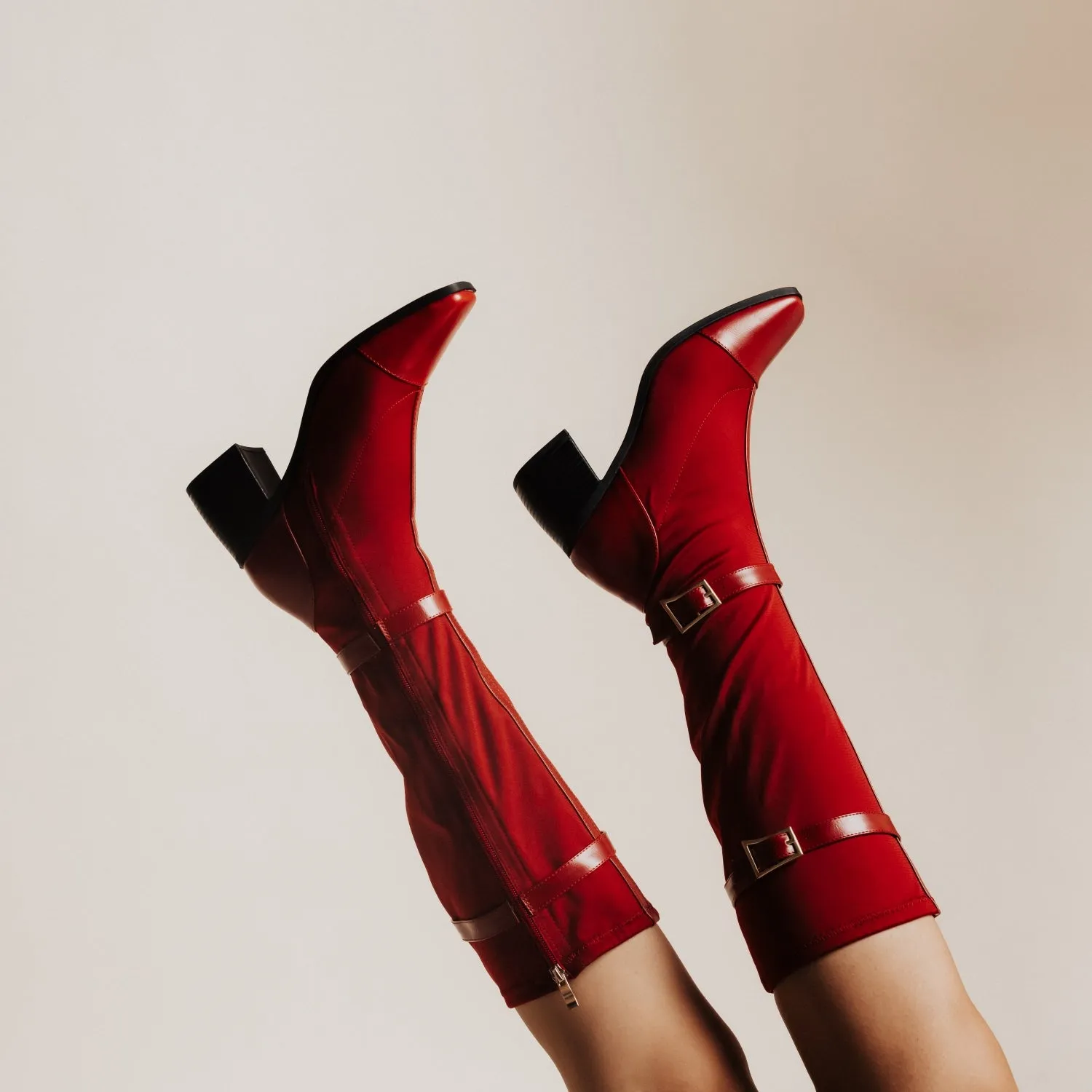 GAIBREE KNEE-HIGH BOOTS IN STRETCHY FABRIC Leather Moto Boots