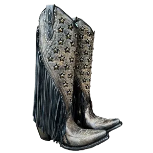Corral Ladies Black Stars Studded & Fringes Snip Toe Tall Boots C4083 Good Work Boots