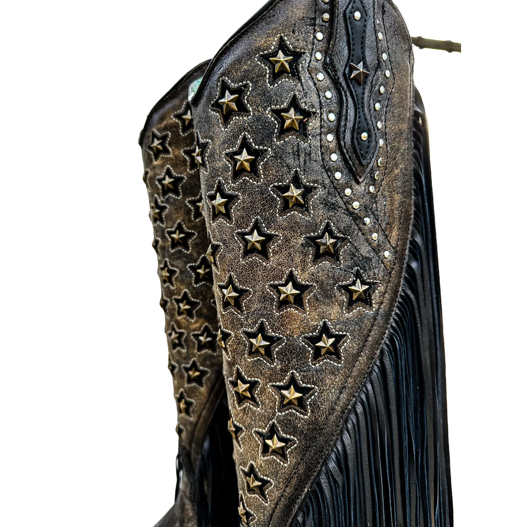 Corral Ladies Black Stars Studded & Fringes Snip Toe Tall Boots C4083 Alpine Design Boots