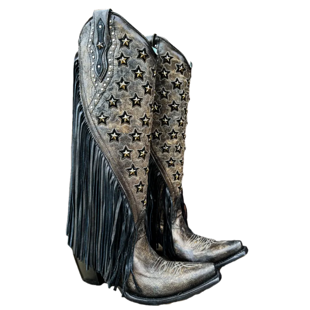 Corral Ladies Black Stars Studded & Fringes Snip Toe Tall Boots C4083 Adventure Mc Boots