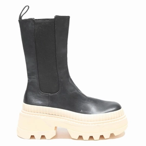 CHARLES & KEITH Womens Platform Chelsea Boots Black Leather UK 3 Chunky Sole Fluffy Fur Boots