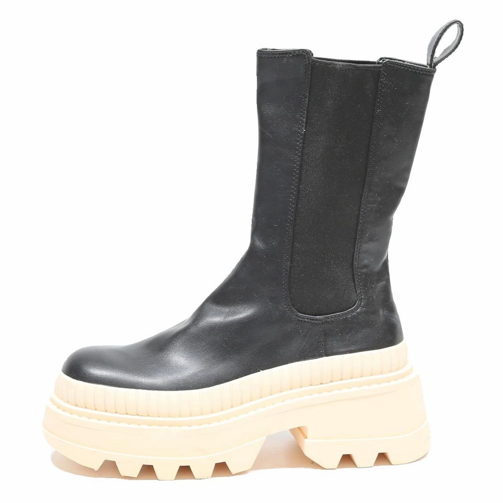 Rubber Boots For Work CHARLES & KEITH Womens Platform Chelsea Boots Black Leather UK 3 Chunky Sole