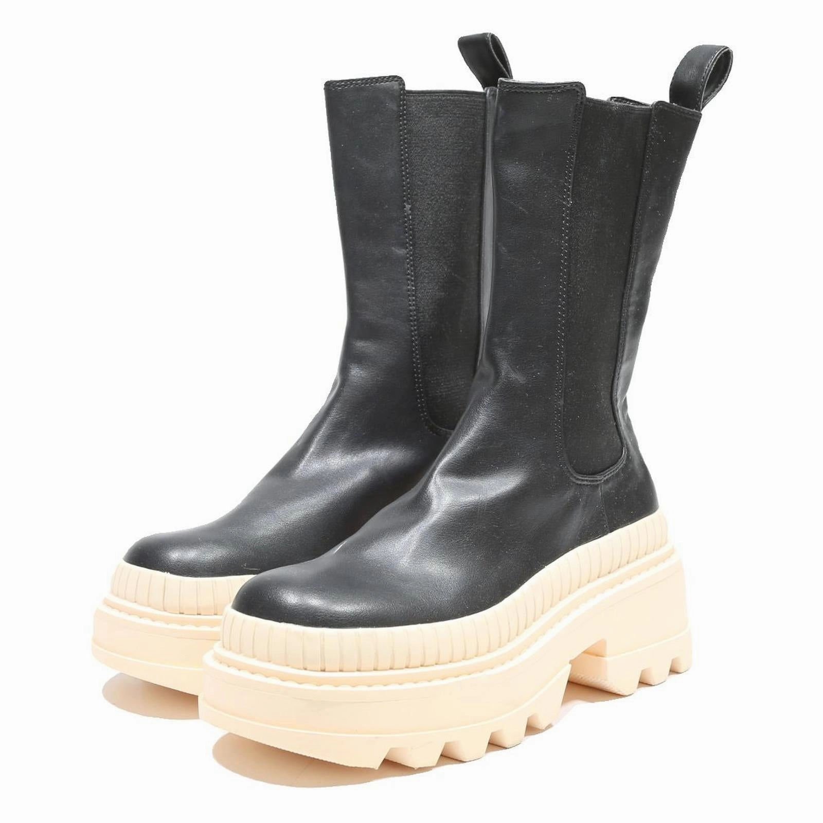 CHARLES & KEITH Womens Platform Chelsea Boots Black Leather UK 3 Chunky Sole J Toe Cowboy Boots