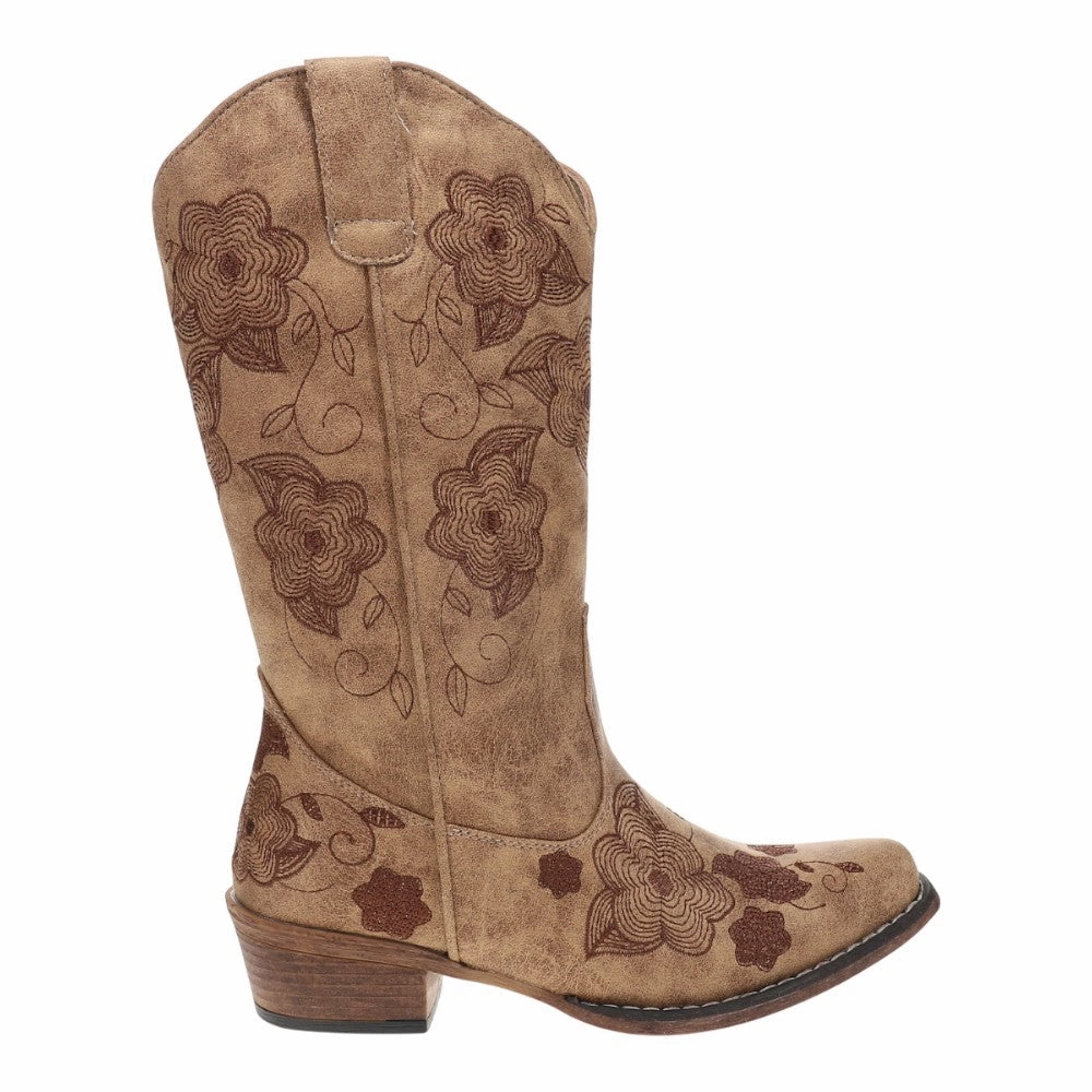 Boots Short Heel Riley Flowers Floral Embroidered Snip Toe Pull On Cowboy Boots