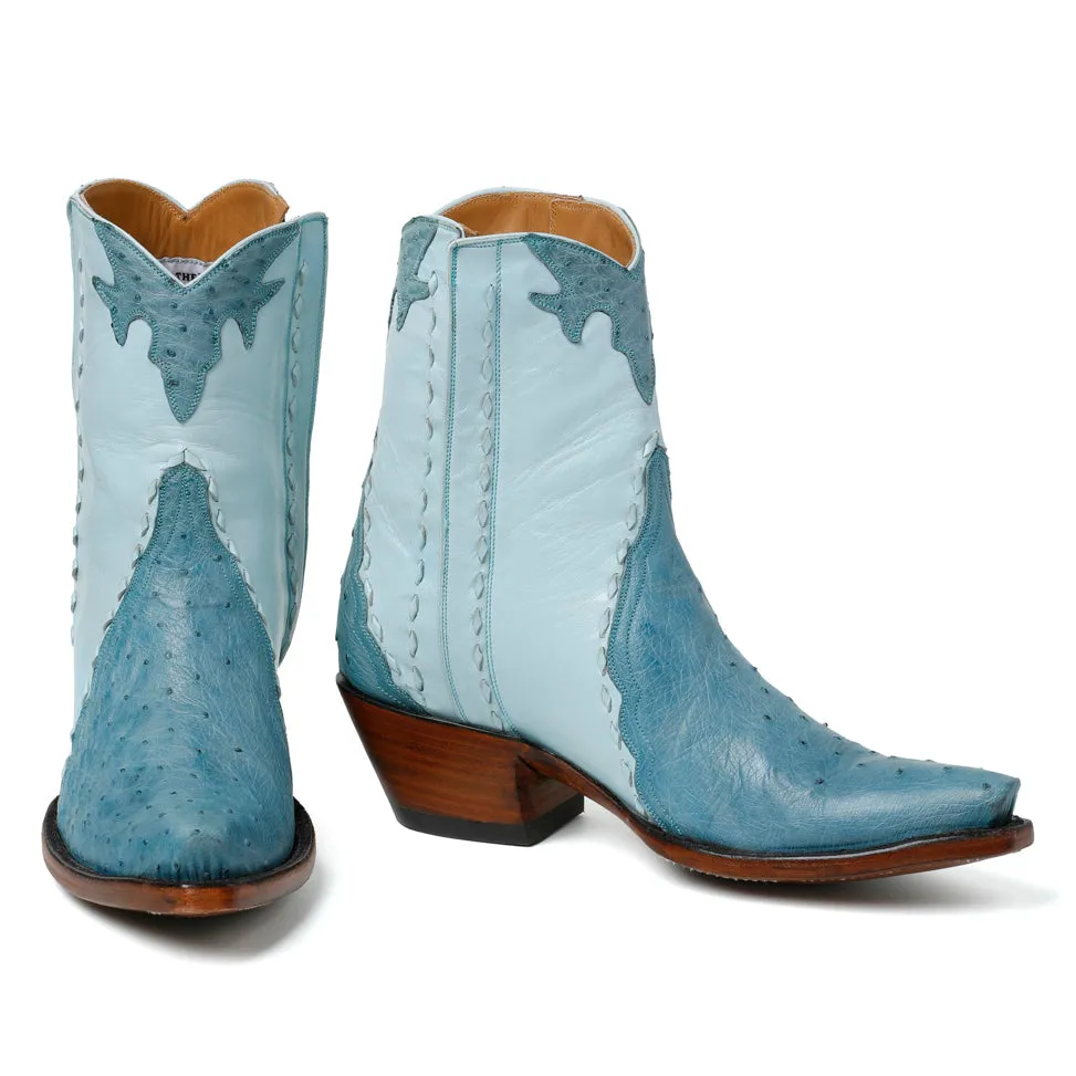 Ostrich Ankle Zipper - Sky Blue Velcro Ankle Boots
