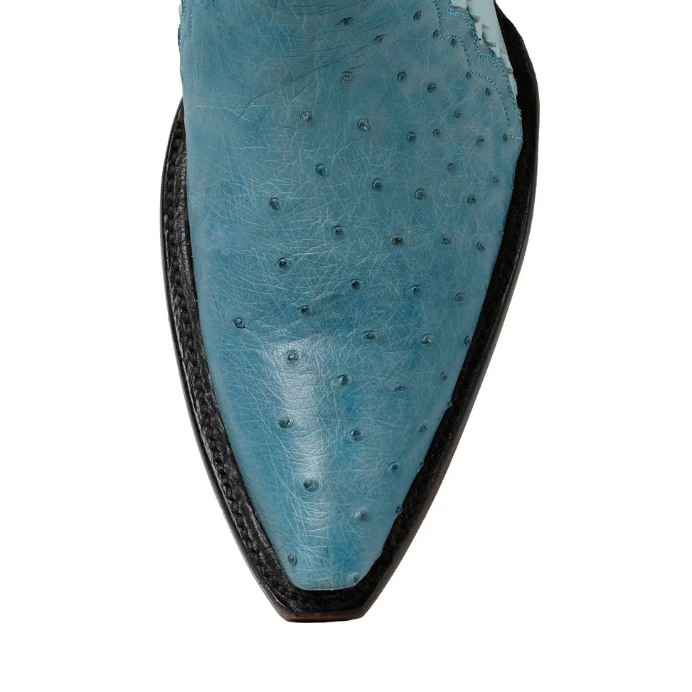 Ostrich Ankle Zipper - Sky Blue Leather Ankle Boots With Heel