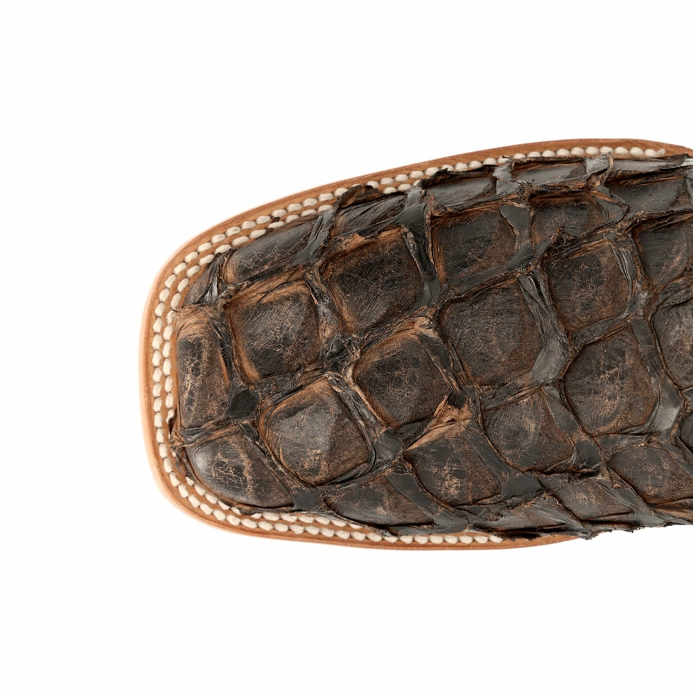 Premium Exotics Pirarucu Embroidered Square Toe Pull On Cowboy Boots Steel Toe Western Boots