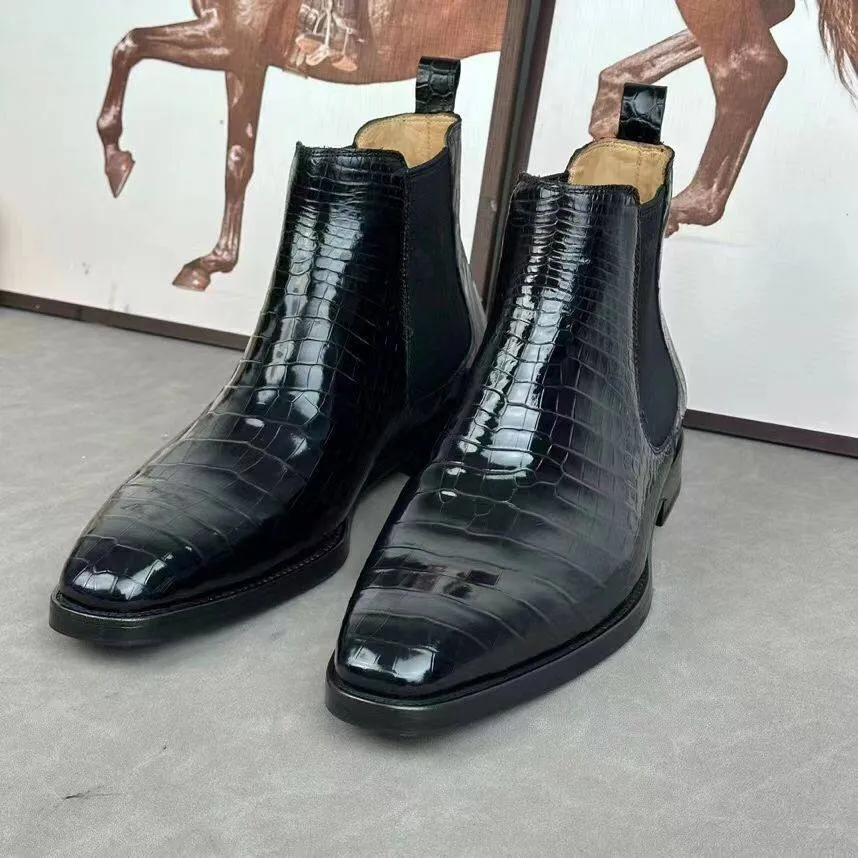 Preorder Crocodile Skin Leather Chelsea Boots Black Knee High Rain Boots