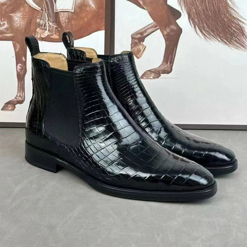 Preorder Crocodile Skin Leather Chelsea Boots Black Spray Waterproofing For Boots