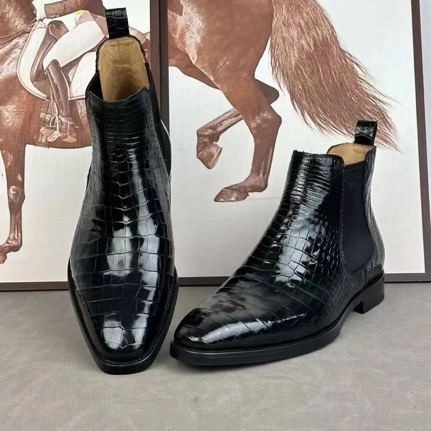 Preorder Crocodile Skin Leather Chelsea Boots Black Platform Motorcycle Boots
