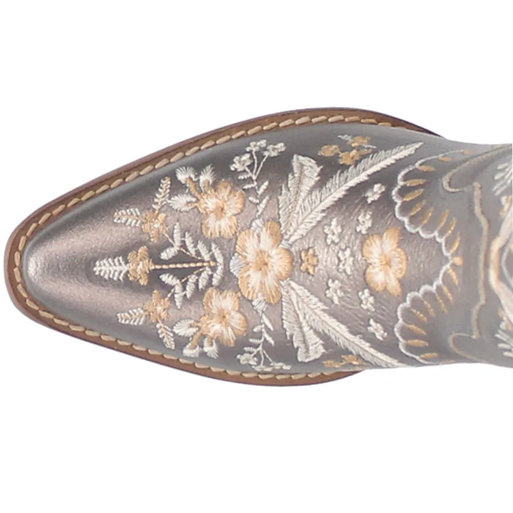 Ml Leddy Boots Fort Worth Primrose Floral Embroidered Metallic Snip Toe Cowboy Booties