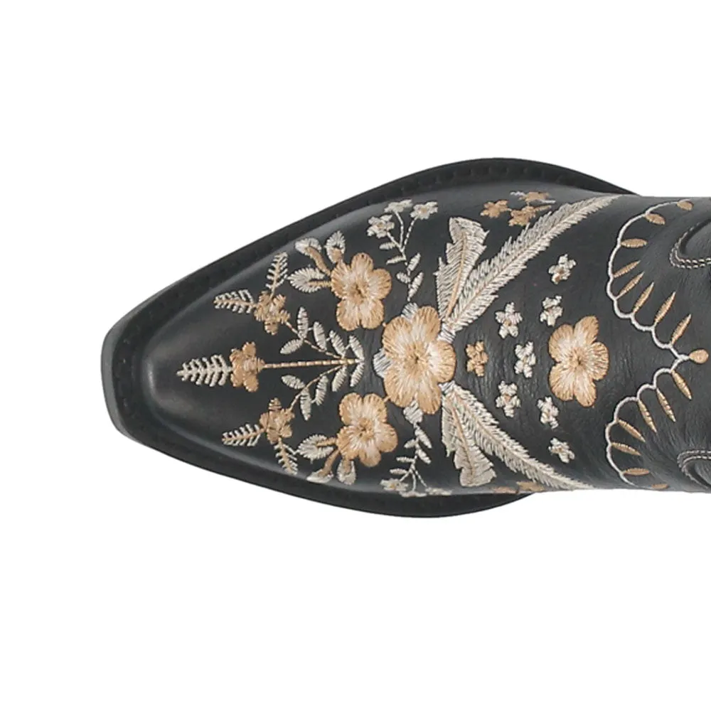 Tall Leather Boots With Low Heel Primrose Floral Embroidered Snip Toe Cowboy Booties