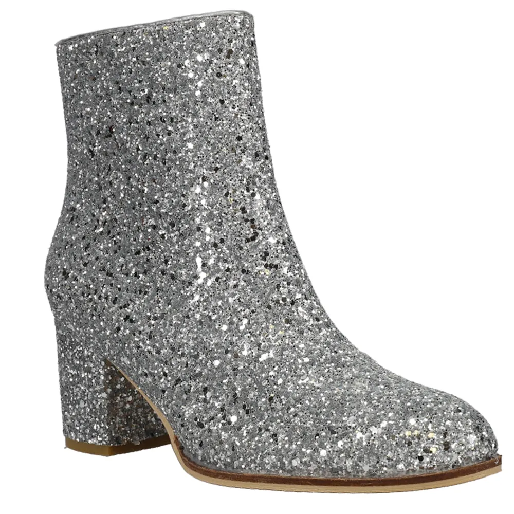 Razzle Dazzle Glitter Round Toe Zippered Booties Cop Boots