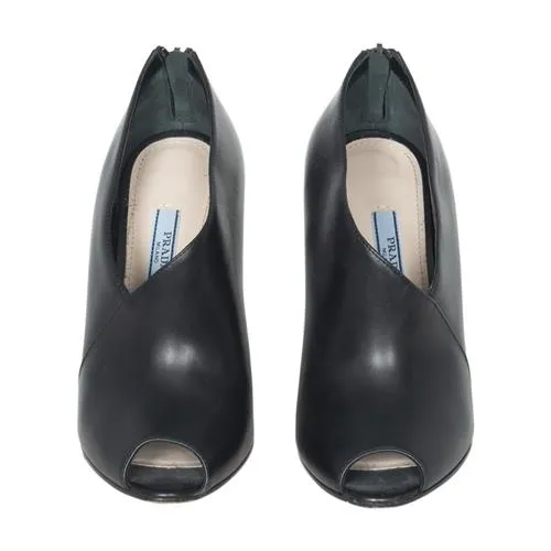 Prada Leather Asymmetric Peep-Toe Booties Chocolate Boots