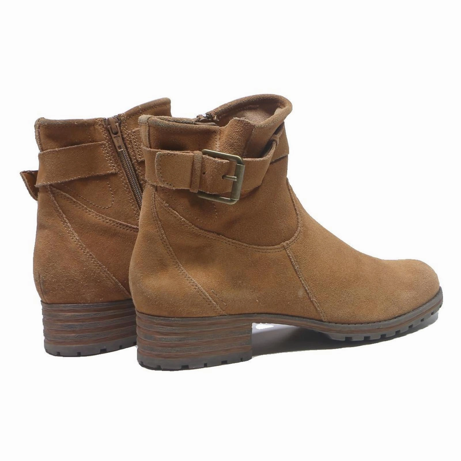 CLARKS Womens Brown Buckle Ankle Boots Synthetic UK 5.5 Comfortable Casual Style Ankle Boots With Midi Skirt