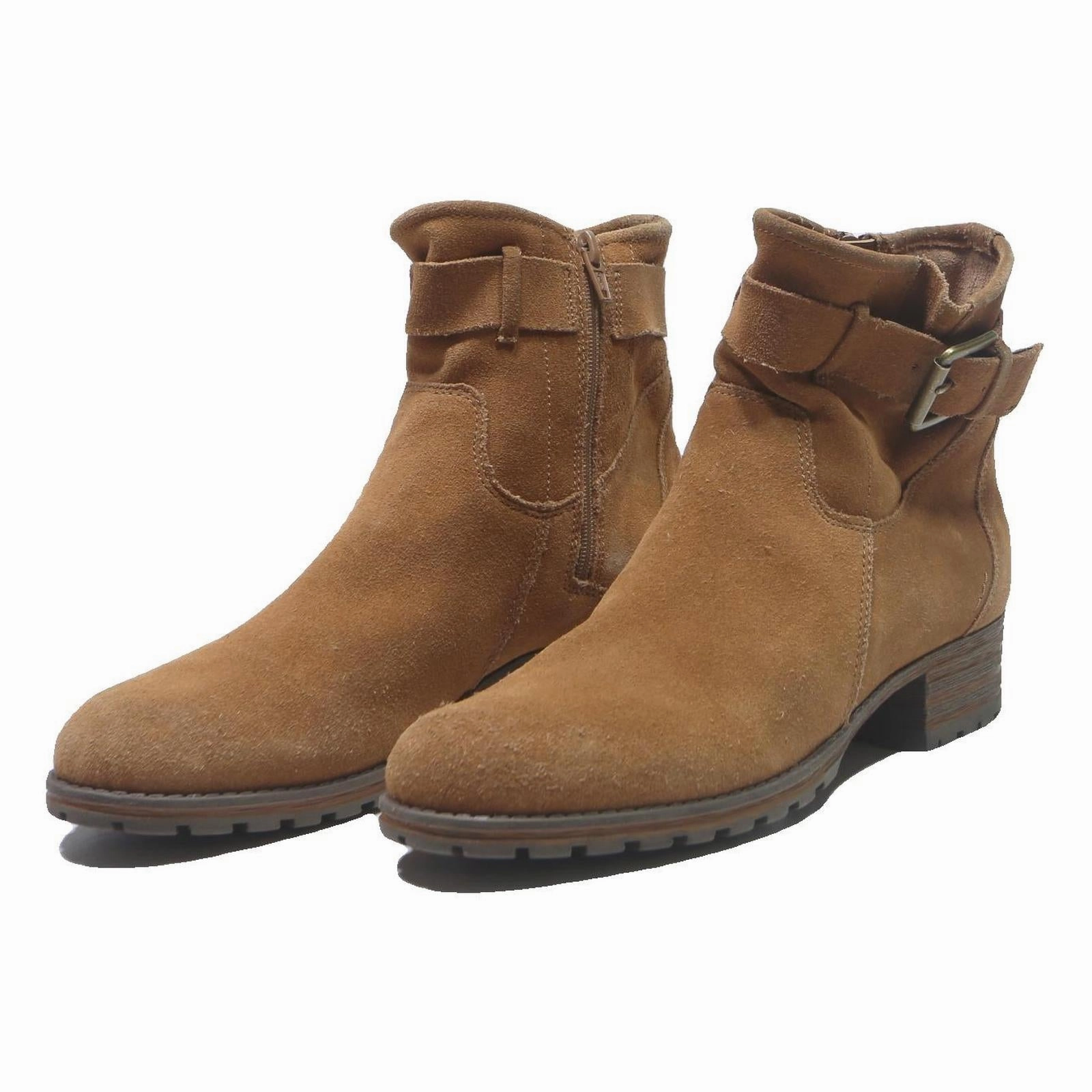 CLARKS Womens Brown Buckle Ankle Boots Synthetic UK 5.5 Comfortable Casual Style Ankle Boots With Short Heel