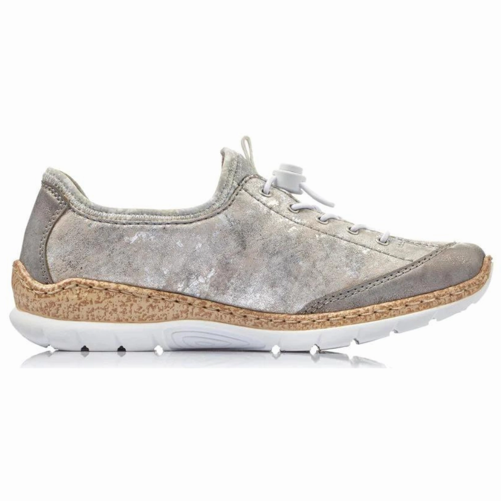 Rieker Nikita K6 Grey Leather Shoe (Women's) Open Toe Slip On Sandals