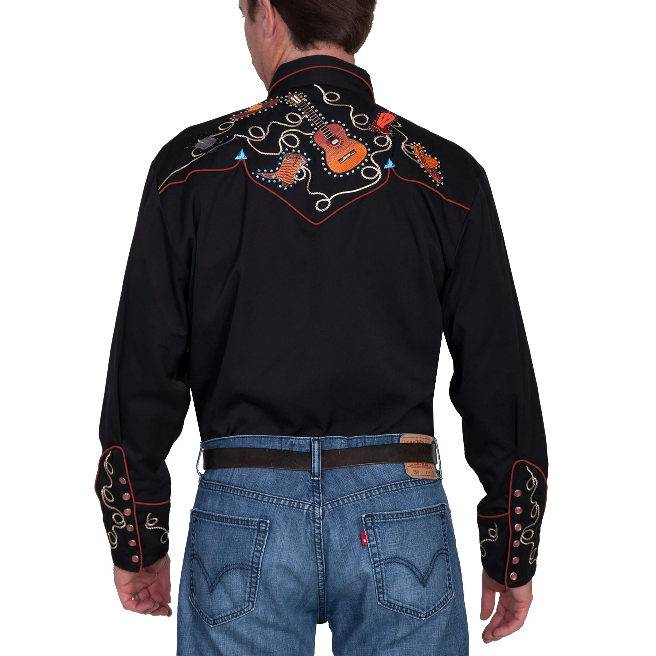 Scully Men's Boots, Hats and Guitars Black Button Down Shirt P-842-BLK Spanish Leather Boots