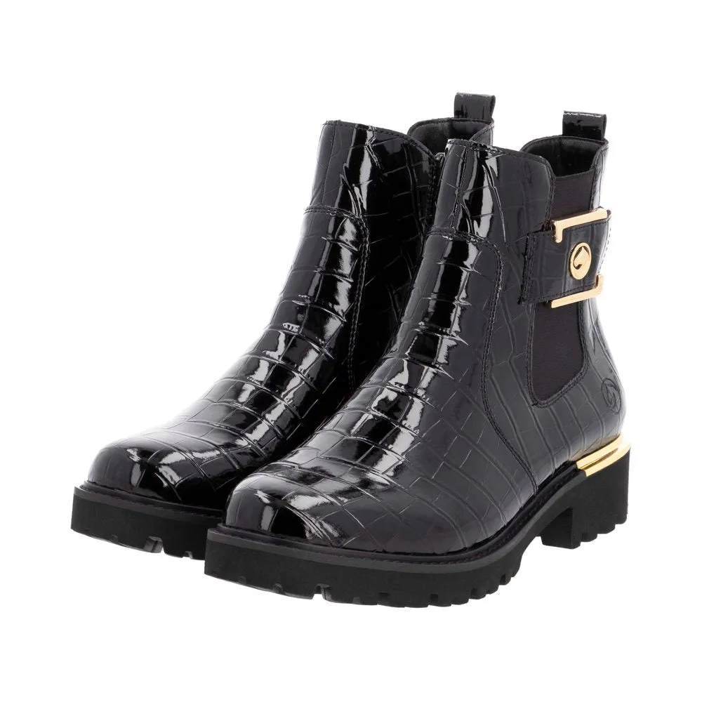 D8684-03 Chelsea Side Zip Buckle Black Patent High Heel Boots