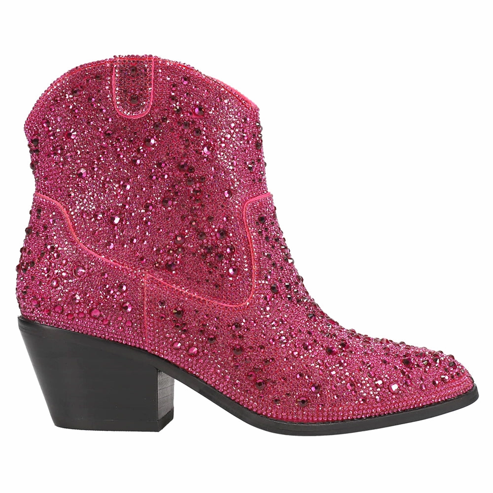 Shine Bright Rhinestone Round Toe Pull On Zippered Booties Chelsea Chunky Boots
