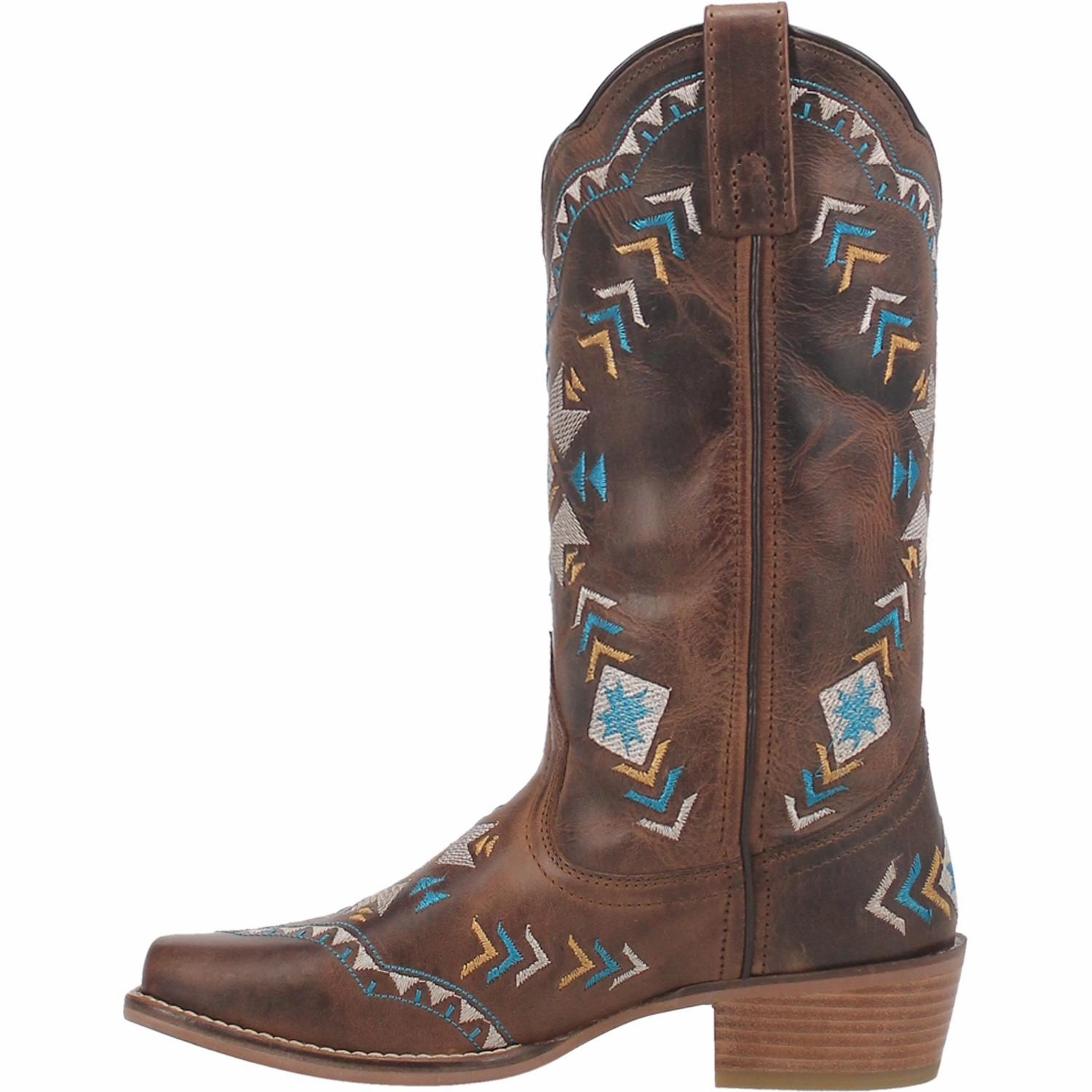 Dingo Ladies Embroidered Brown Leather Square Toe Boot DI725-BN Slip On Boots
