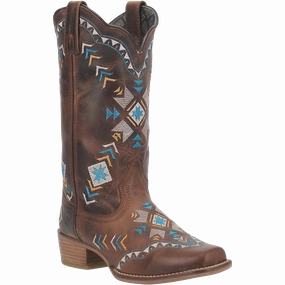 Dingo Ladies Embroidered Brown Leather Square Toe Boot DI725-BN Leopard Print Knee High Boots