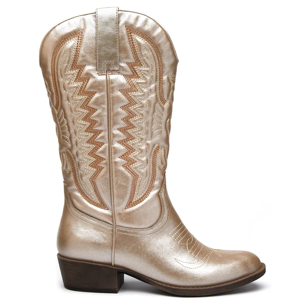 Lasso Embroidered Metallic Round Toe Cowboy Boots Boots Motorcycle
