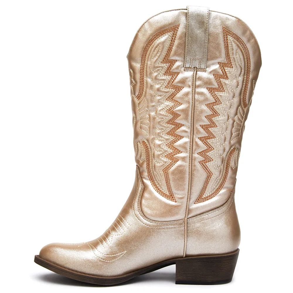 Lasso Embroidered Metallic Round Toe Cowboy Boots Cowboy Boots Rhinestones