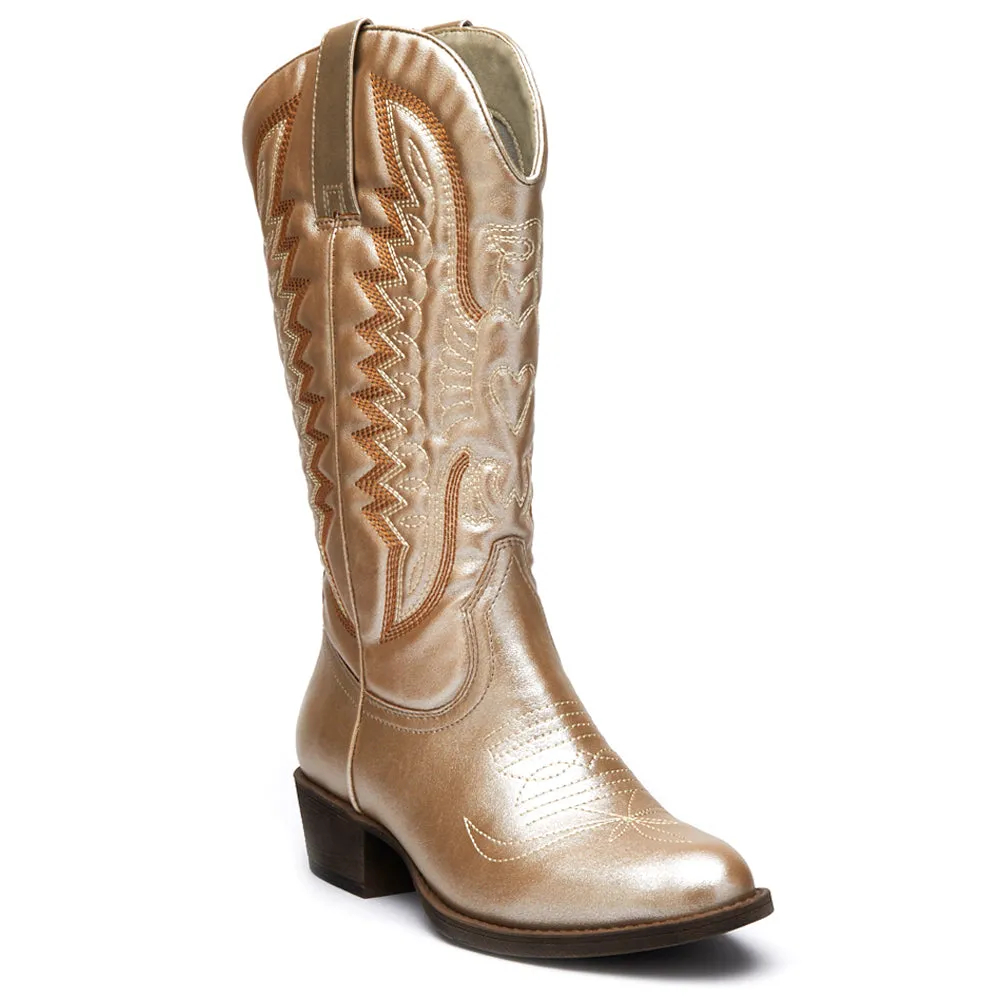 Lasso Embroidered Metallic Round Toe Cowboy Boots White Above The Knee Boots