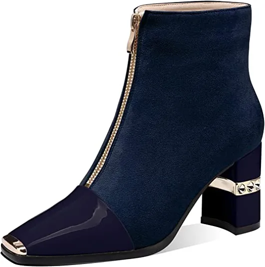 Combat Style Boots Women Ankle Booties Square Toe Chunky High Heel Boots Zipper Black Casual Booties for Women