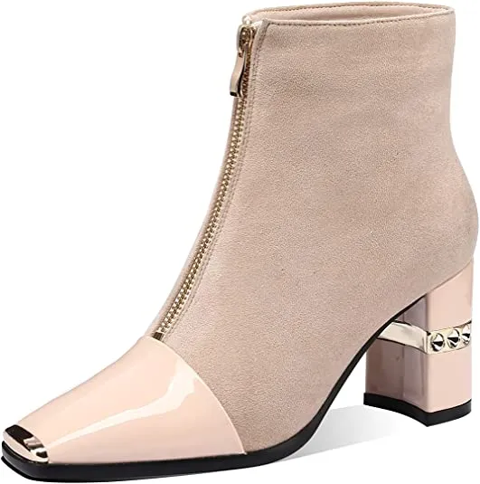 Yzy Boots Women Ankle Booties Square Toe Chunky High Heel Boots Zipper Black Casual Booties for Women