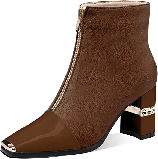 Crochet Boots Women Ankle Booties Square Toe Chunky High Heel Boots Zipper Black Casual Booties for Women