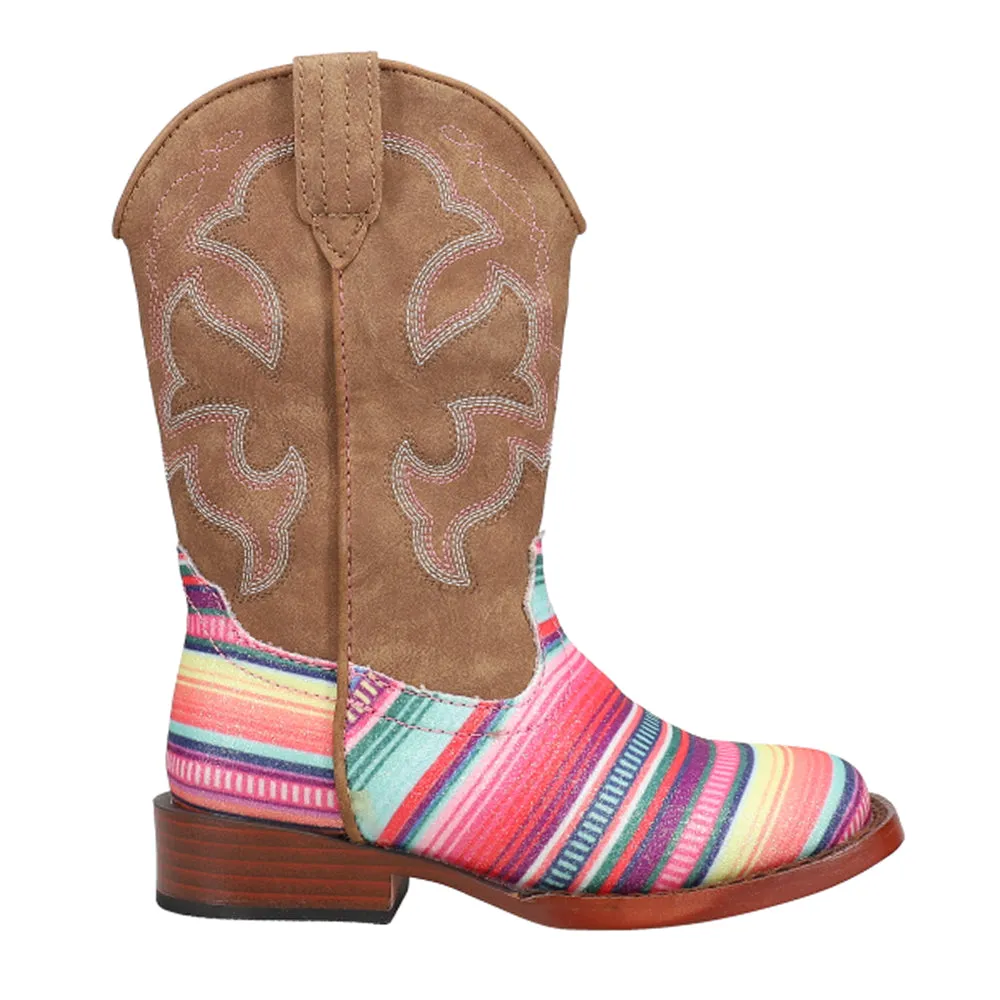 Glitter Serape Striped Embroidered Square Toe Cowboy Boots (Youth) Waterproof Work Boots