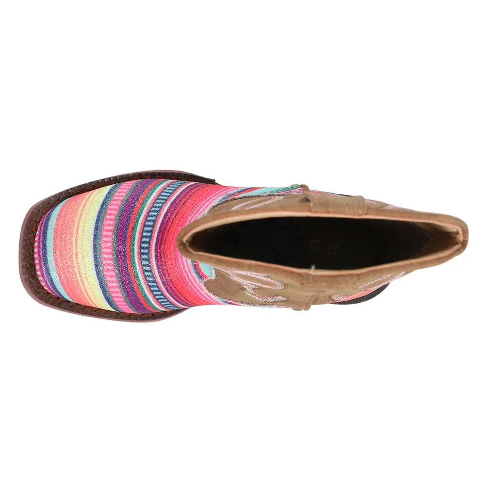Wide Motorcycle Boots Glitter Serape Striped Embroidered Square Toe Cowboy Boots (Youth)