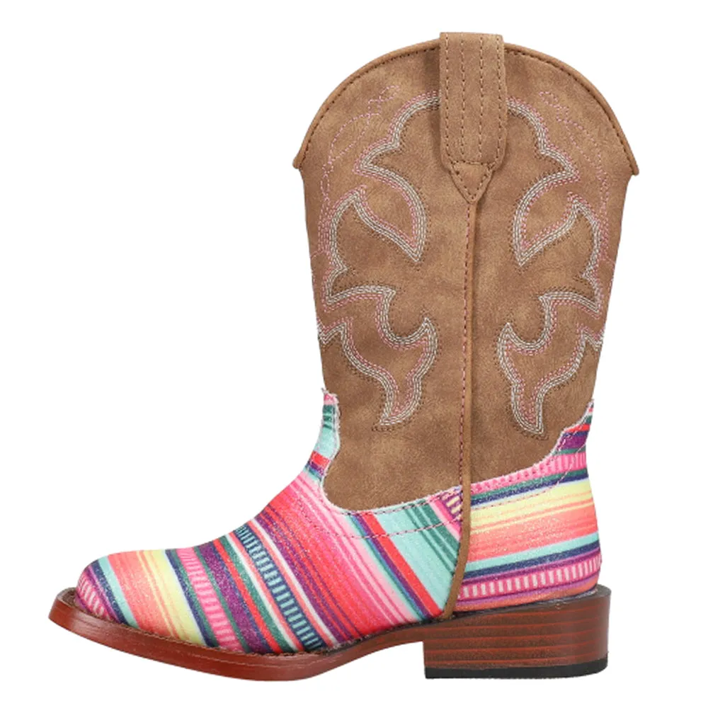 Glitter Serape Striped Embroidered Square Toe Cowboy Boots (Youth) Female Work Boots