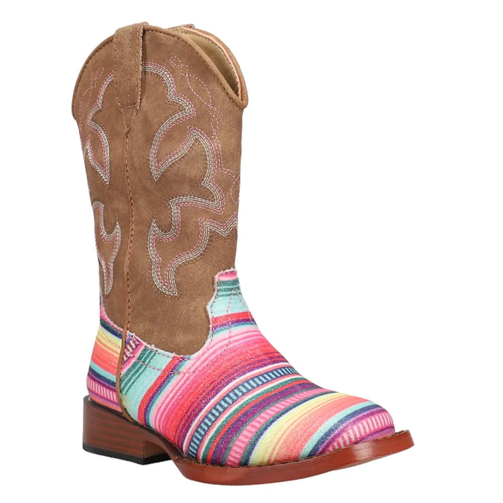 Glitter Serape Striped Embroidered Square Toe Cowboy Boots (Youth) Snapping Turtle Boots