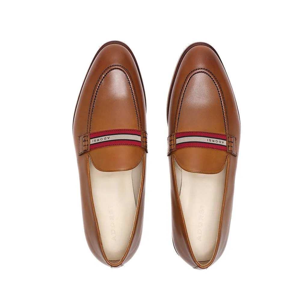 Cognac Calf Web Stripe Loafer Faux Leather Loafers