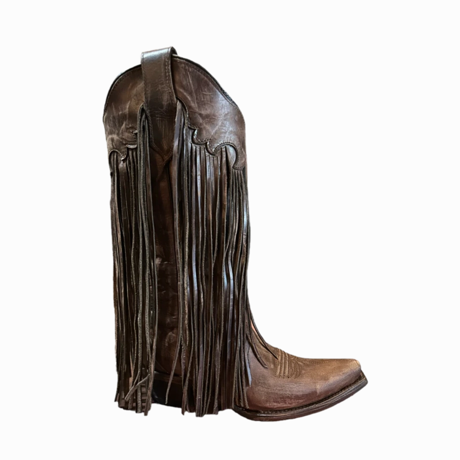Puss In Boots Death Circle G by Corral Ladies Fringed Brick Brown Snip Toe Western Boots L6088