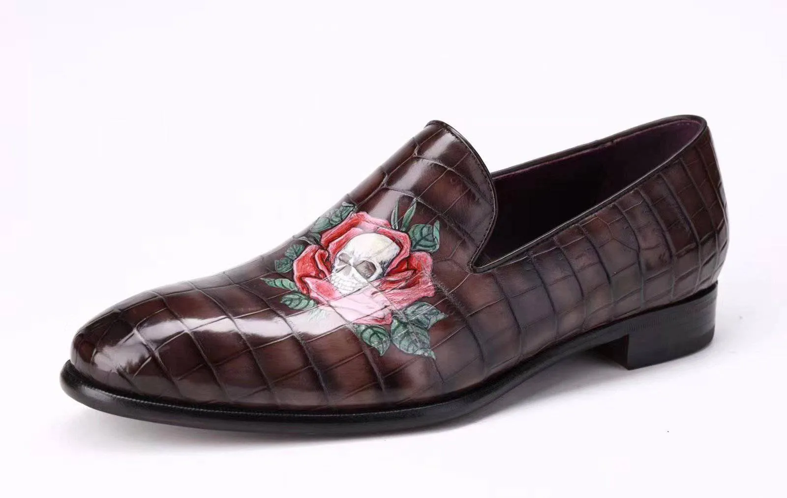 Crocodile Shoes Men's Slip On Loafer Shoes, Genuine Crocodile Leather Casual Dress Shoes With Printing Diabetic Slip On Shoes