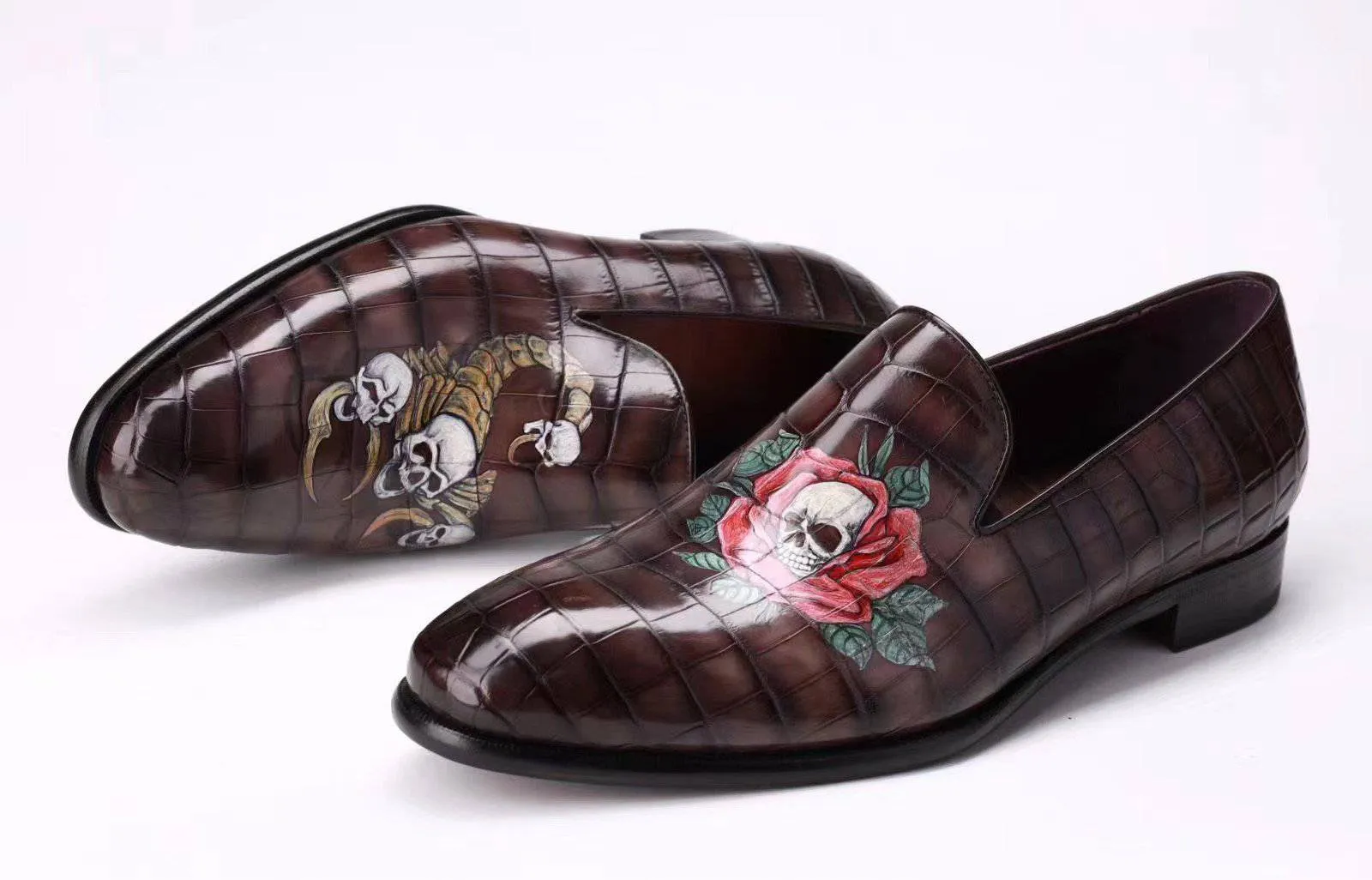 Crocodile Shoes Men's Slip On Loafer Shoes, Genuine Crocodile Leather Casual Dress Shoes With Printing Slip On Winter Boots